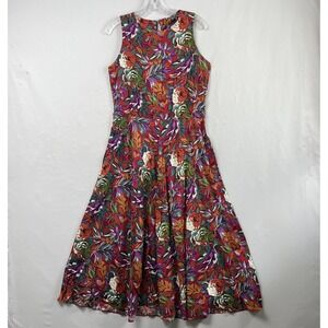 ED Michaels Midi Dress Womens 7-8 Fit flare Tropical Floral Red Retro Flowy